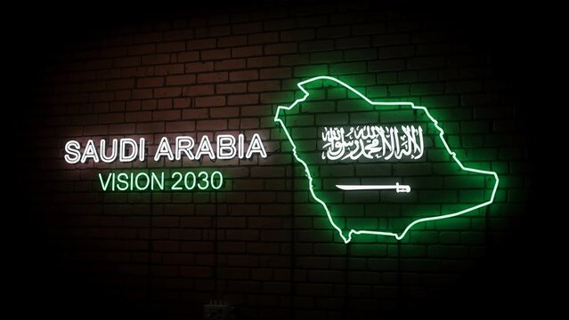 A neon sign of Saudi Arabia Vision 2030 on a brick wall