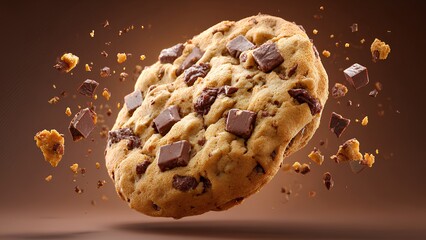 Floating Chocolate Chip Cookie with Crumbs, Ultra Realistic Bakery Dessert on Dark Background