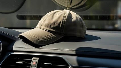 A beige baseball cap rests on the dashboard of a car with a blurred background.