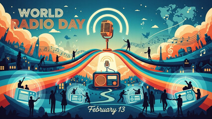 Vibrant illustration celebrating world radio day on february 13 with people, microphones, radios, and musical notes in a colorful cityscape with celebration