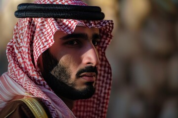 Close up of a serious saudi man wearing traditional keffiyeh and agal