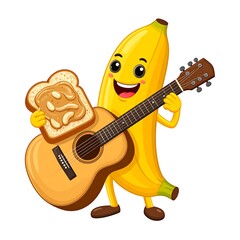 Cartoon banana plays guitar, holding peanut butter toast, with happy expression