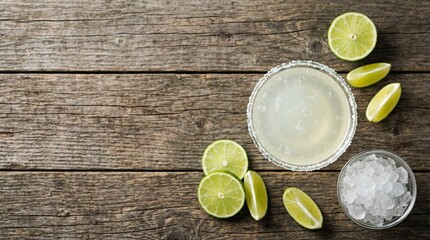 Margarita cocktail with salted rim, fresh lime slices, and crushed ice on rustic wooden table, top view. Refreshing alcoholic drink for summer.