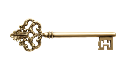 An ornate golden key with intricate design on a black background