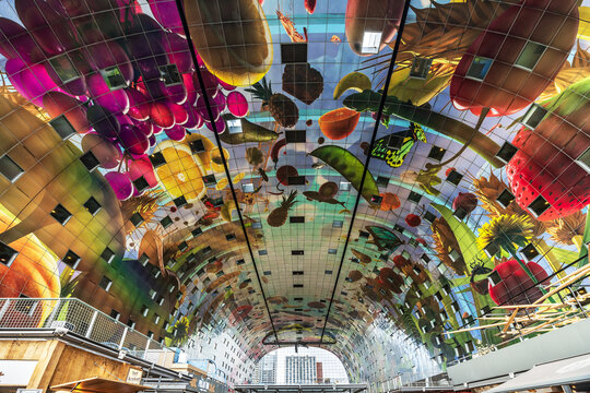 The colourful interior of the Markthal (Market Hall), one of Rotterdam's famous architectural landmarks.