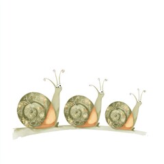 Naklejka premium Three cartoon snails resting on a branch