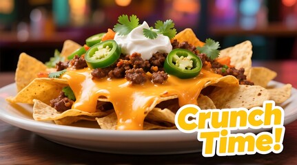 A delicious plate of nachos with melted cheese, jalapenos, and sour cream on a wooden table in a restaurant.