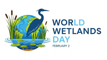 World wetlands day illustration with heron, globe, and aquatic plants, celebrating environmental conservation on february 2nd with ecosystem