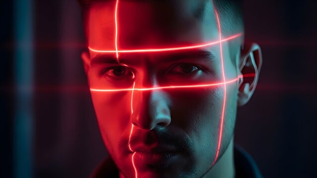 Hombre con l�neas de luz rojas sobre la piel, Imagen para campa�a de tecnolog�a futurista, Est�tica cyberpunk con rostro humano iluminado, esc�ner de seguridad