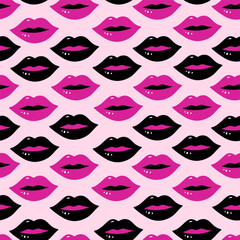 Seamless pattern with pink and black lips. Vector graphics.