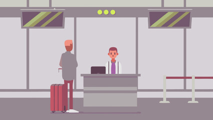 Airport information desk staff helping traveler with luggage at check in counter