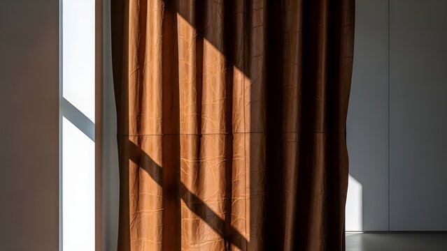 Cortina de cuero marr�n en un entorno minimalista, Textura de cuero arrugado con iluminaci�n dram�tica, Detalle art�stico de una cortina de cuero bajo luz solar