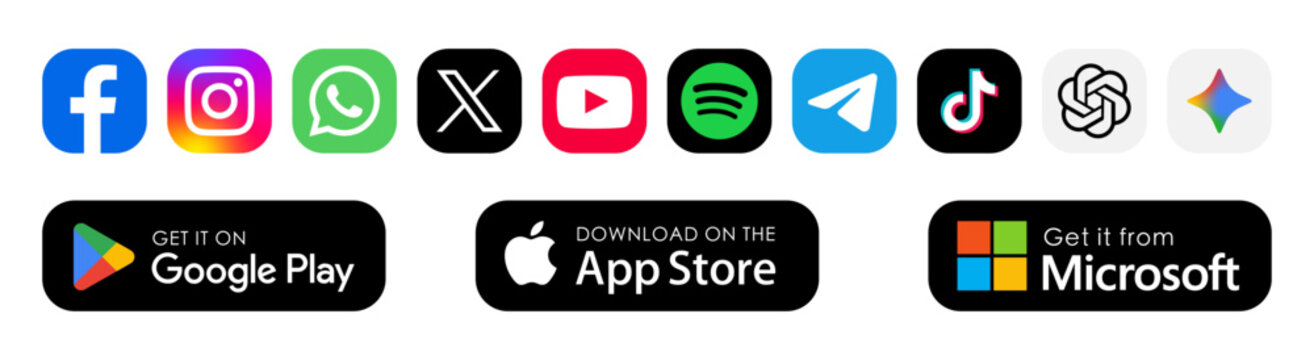 Social media logo icons with Google Play, App Store and Microsoft Store download buttons