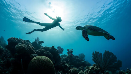 Snorkeler swims with sea turtle over coral reef isolated on white background