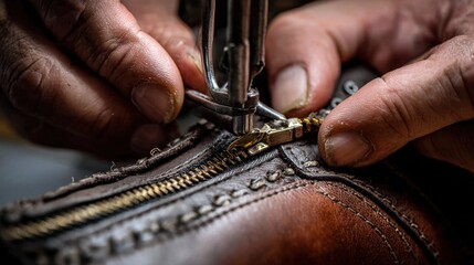 Medium shot of hands skillfully removing a broken metal zipper from a leather boot focusing on detail and craftsmanship.