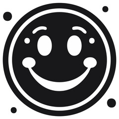 Simple black and white round happy face emoticon icon. Cheerful smiling character graphic.