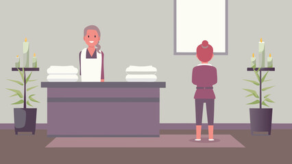 Receptionist welcoming client in spa with towels and plants flat vector art