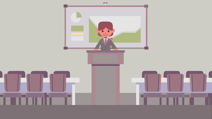 Business leader presenting data on digital board to empty meeting room