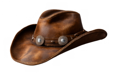 Brown leather cowboy hat with decorative silver conchos, representing western culture, vintage style, and rustic fashion on transparent background