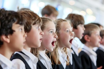 Fototapeta premium School children choir members singing together during a concert or rehearsal