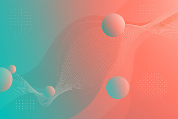 Dynamic teal and coral gradient background with abstract waves and floating spheres