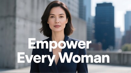 A confident woman in a business suit standing in front of a city skyline with a motivational phrase