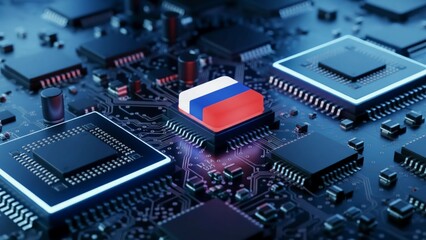 A close-up view of a computer motherboard with a Russian flag icon in the center surrounded by microchips and circuit boards