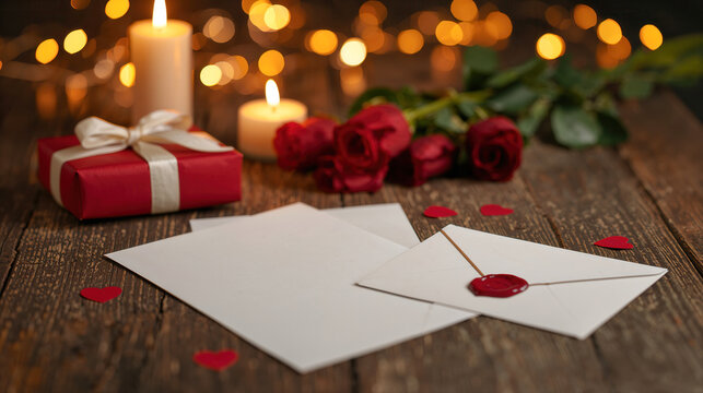 Busta con sigillo di cera e biglietti con regalo, rose e candele su tavolo in legno. Generative AI 