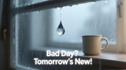 A rainy day scene with a cup of coffee on a windowsill and a motivational quote about new beginnings