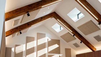 Medium frame showing the detailed construction of a vaulted ceiling highlighting architectural depth and acoustic enhancement in a modern interior space.