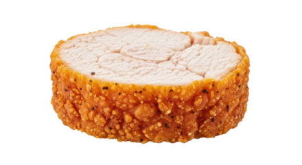 Crispy fried chicken cutlet with visible pepper specks on black background food breaded