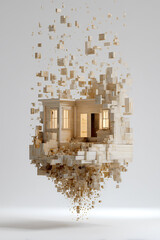 地震で崩れ落ちる木造住宅の被害イメージ(縦）
