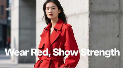 A confident woman wearing a red coat stands in front of a concrete wall