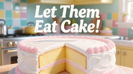 A delicious cake with white and pink frosting sits on a kitchen counter with a slice missing.