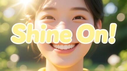 A young Asian woman smiling brightly with a sunny outdoor background and a motivational phrase.