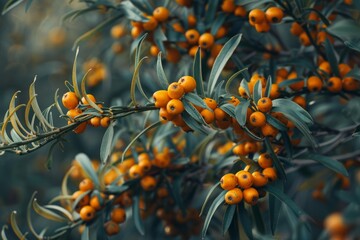 Close up of orange berries hanging from branches with green leaves, evoking the warm hues of autumn