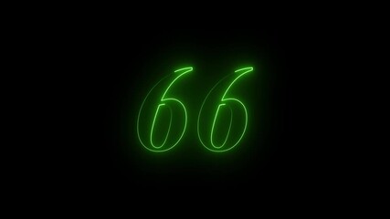 Neon 66 number mathematics text icon animation green color text on black background. Glowing neon 66 motion graphics animation. Number 66 vector illustration. Digits with glowing lights and bulbs.4k - Powered by Adobe
