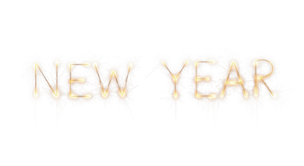 New Year text formed by glowing sparklers on black background lettering fireworks