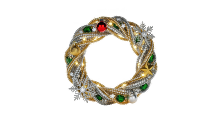 Ornate Christmas wreath with gold silver emeralds and red bauble on black background holiday decoration