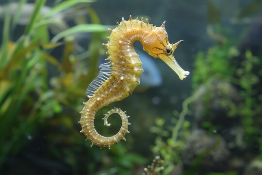 Yellow seahorse swimming in aquarium with green algae in the background