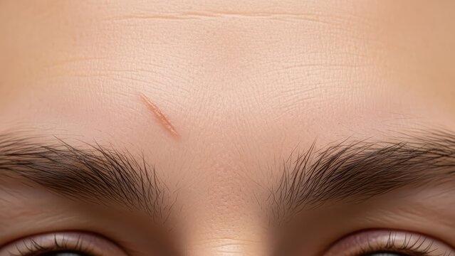 Close-up of young caucasian male forehead scar above eyebrows