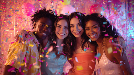 Obraz premium New Year's Eve & New Year Countdown, Diverse Women Celebrating New Year Countdown With Colorful Confetti Friendship and Festive Joy