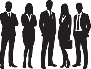Vector silhouettes of men and a women, a group of standing business people, black color isolated on white background