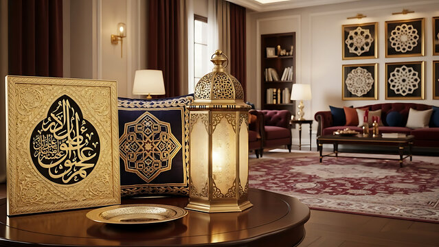 Luxurious living room with Islamic art and decor.