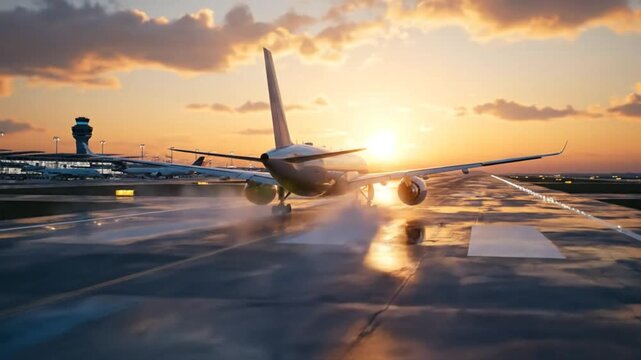 Commercial airplane landing on a wet runway at sunset with beautiful sky reflections and airport control tower