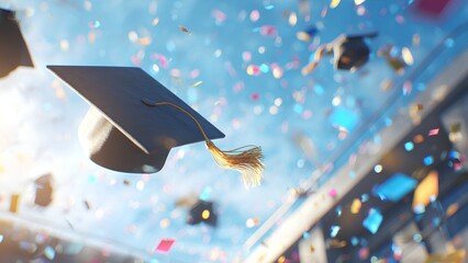 Graduation Cap Toss in the Air with Colorful Confetti Against Blue Sky, Celebration of Academic Success