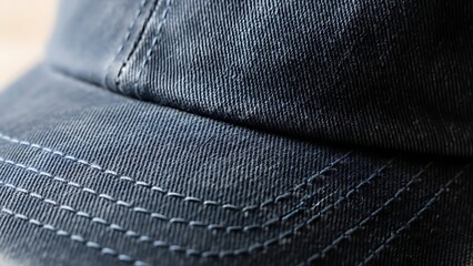 Close-up view of a dark blue baseball cap with visible stitching details