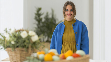 Smiling woman in blue jacket and mustard dress near spring basket with pastel Easter eggs and flowers indoors