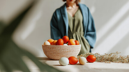 Bowl of colorful natural eggs on sunlit table with blurred woman in green dress and blue cardigan in background