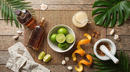Ingredients for a fresh cocktail including alcohol bottle, lime, orange peel, and green leaf on a rustic wooden table. Summer drink preparation concept.
